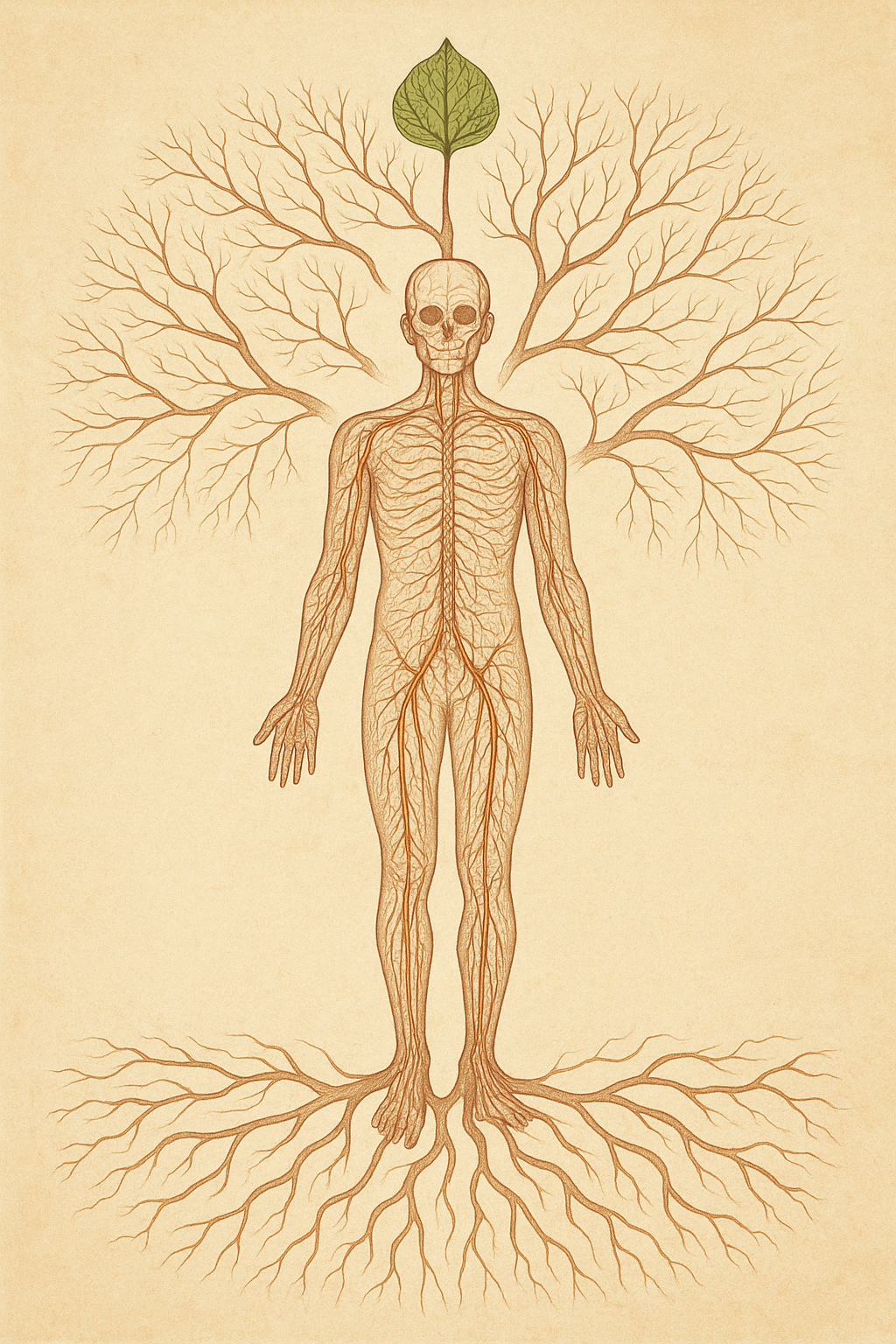Illustration of a human figure with vascular and nervous systems stylized as tree roots and branches. The head connects to a central tree-like structure ending in a green leaf, symbolizing the interconnectedness of humans and nature.